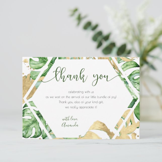 Carte de remerciements de Baby shower Gold Tropica (Debout devant)