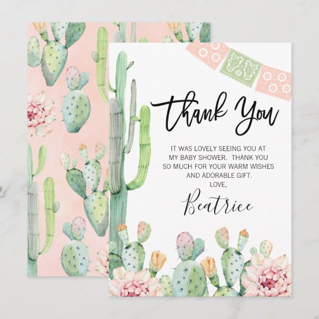 Carte de remerciements de Baby shower rose vert Fi (Devant / Derrière)