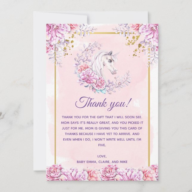 Carte de remerciements de Baby shower Unicorne (Devant)
