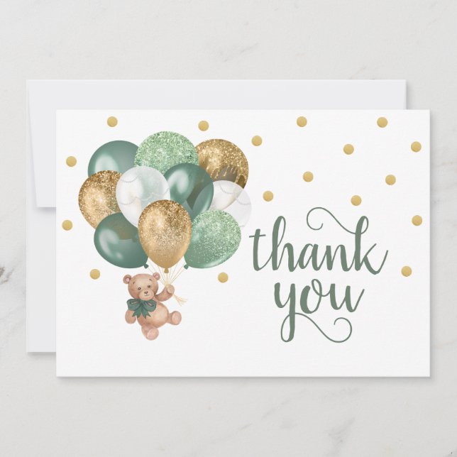 Carte de remerciements de Baby shower vert Teddy B (Devant)