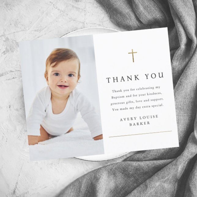 Carte de remerciements de Baptême de la croix d'or (Modern simple baby photo baptism thank you cards.)