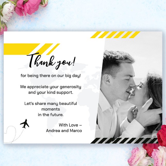 Carte de remerciements de carte d'embarquement de  (Sunny Yellow Boarding Pass Wedding Thank You Card)
