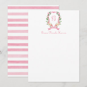 Carte de remerciements de crête rose fleurie monog