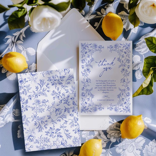 Carte de remerciements de Fête des mariées en toil (Something Blue Floral Bridal Shower Thank You Card)
