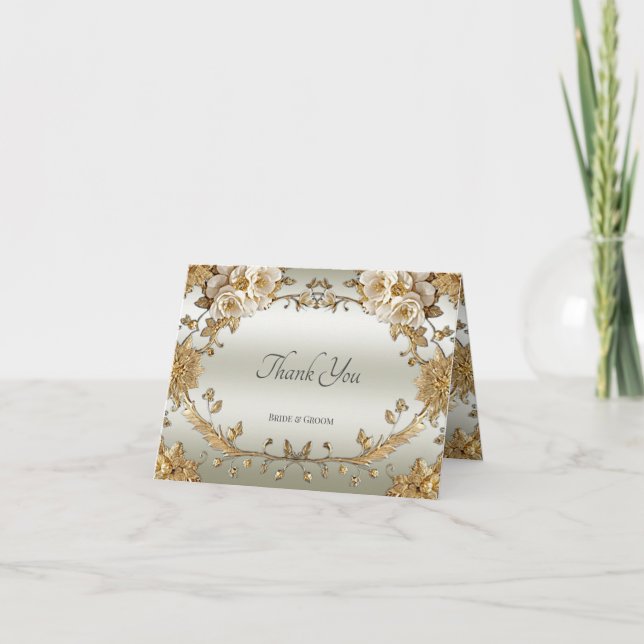 Carte de remerciements de fleurs blanches dorées (Devant)