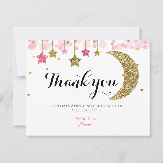 Carte de remerciements de lune rose parties scinti (Devant)