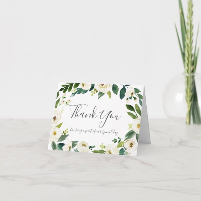Carte de remerciements de mariage aux fleurs blanc (Devant)