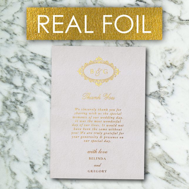 Carte de remerciements de Mariage blanc de couronn (Real Gold Foil Wreath White Wedding Thank You Card)