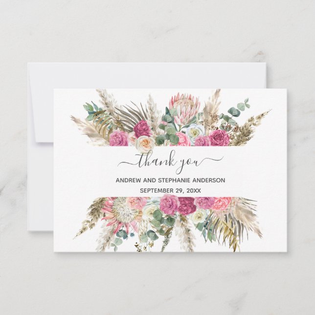 Carte de remerciements de Mariage végétal rose ver (Devant)