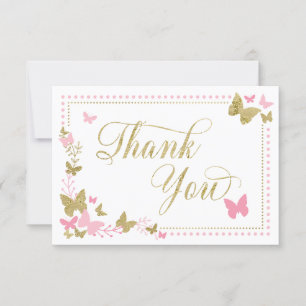 Carte de remerciements de papillon, rose, or de