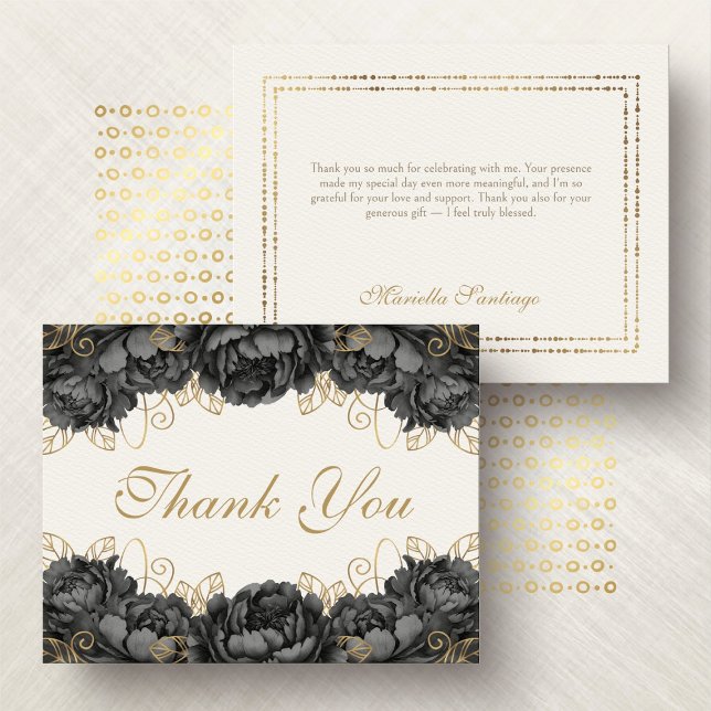 Carte de remerciements de Quinceanera florale noir (Créateur téléchargé)
