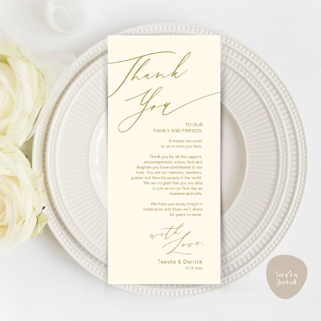 Carte de remerciements de réglage minimaliste du M (Wedding Dinner Place Setting Thank You Card, Modern Minimalist, in Retro Yellow Gold)