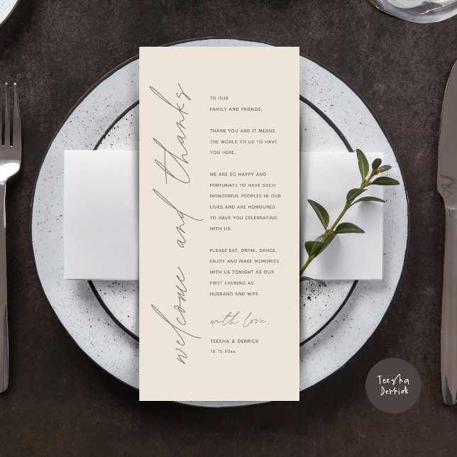 Carte de remerciements de réglage minimaliste du M (Wedding Dinner Place Setting Thank You Card, Modern Minimalist, in Cream Dark Grey)
