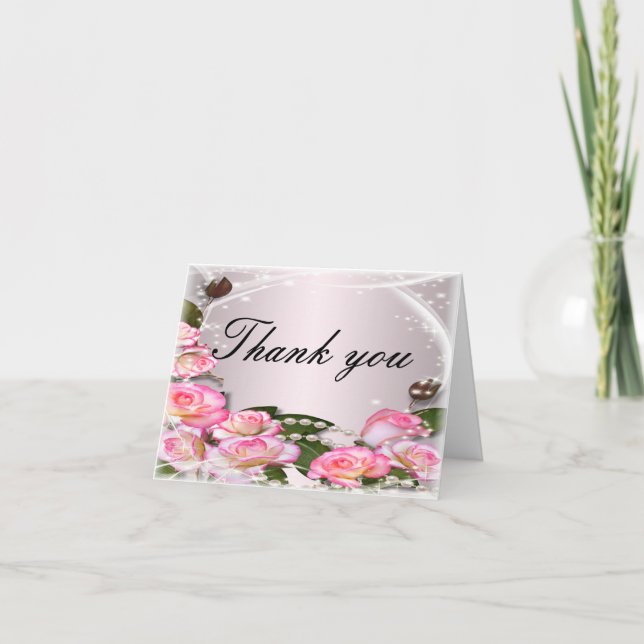 Carte de remerciements de roses roses élégants et (Devant)