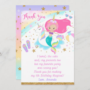 Carte de remerciements de sirène et de licorne