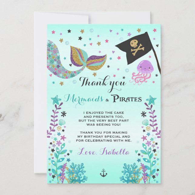 Carte de remerciements de sirène et de pirate (Devant)