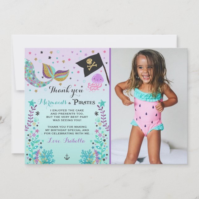 Carte de remerciements de sirène et de pirate (Devant)