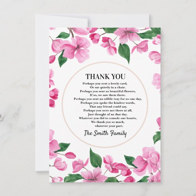 Carte de remerciements de sympathie florale rose (Dos)