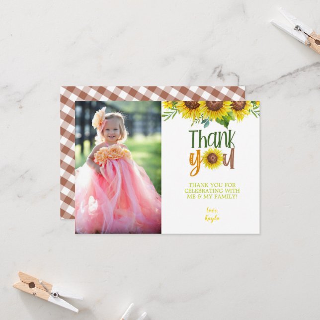 Carte de remerciements de tournesol avec photo (Devant/Arrière en situation)