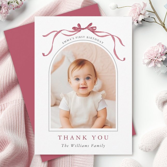 Carte De Remerciements Deep Blush Pink Bow Simple Birthday Photo  (Créateur téléchargé)