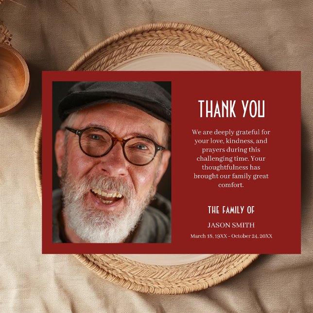 Carte De Remerciements Deep Burgundy Classic Personalized Photo Funeral  (Créateur téléchargé)