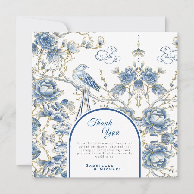 Carte De Remerciements Delft Blue Floral Chinoiserie Porcelaine Mariage (Devant)