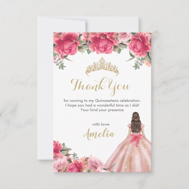 Carte De Remerciements Delicate rose Floral Princesse Rose Gold Quinceañe (Devant)