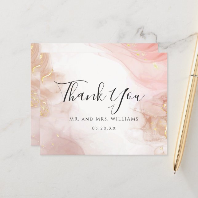 Carte de remerciements d'encre d'or rose Aquarelle (Devant/Arrière en situation)