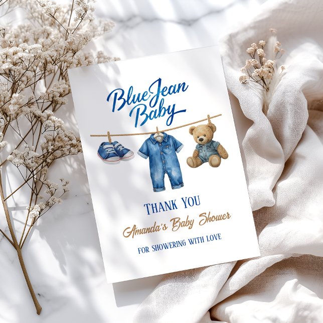 Carte De Remerciements Denim Bear Clothesline Boy Blue Jean Baby shower (Créateur téléchargé)
