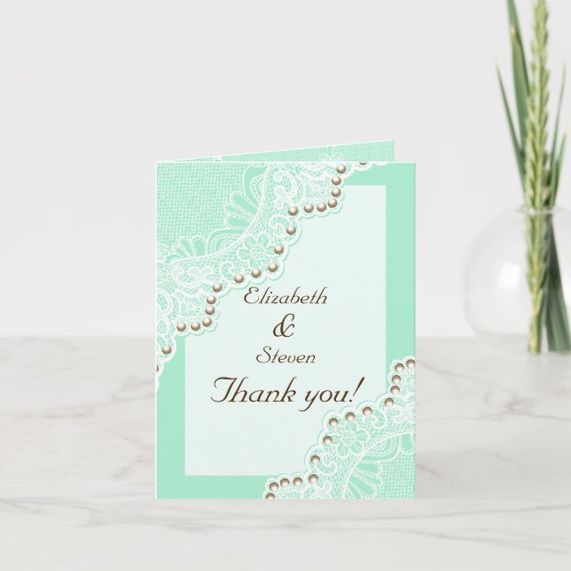Carte De Remerciements Dentelle blanche avec remerciement de mariage vert (Devant)
