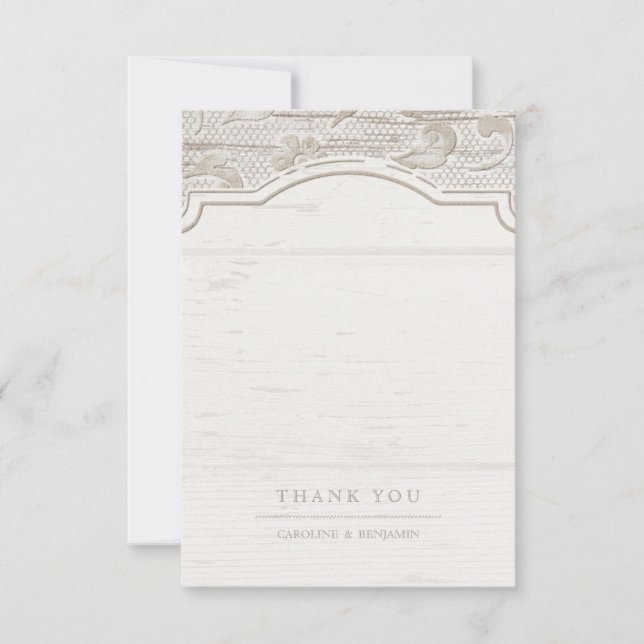 Carte De Remerciements Dentelle blanche bois rustique remerciement de mar (Devant)