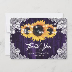 Carte De Remerciements Dentelle de tournesol rustique Mariage pourpre