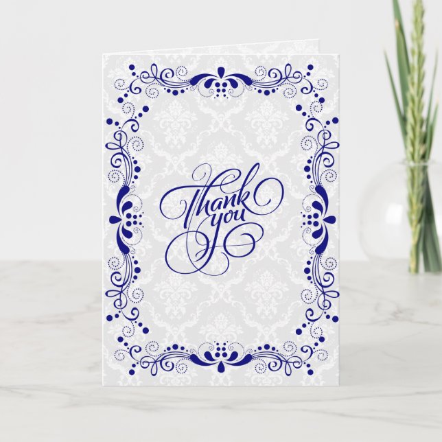 Carte De Remerciements Dentelle florale élégante de bleu royal avec les (Devant)