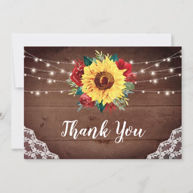 Carte De Remerciements Dentelle rouge Fleur de soleil rustique Mariage de (Devant)