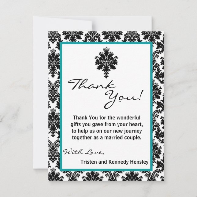 Carte De Remerciements dentelle turquoise de damassé de noir PLAT du (Devant)