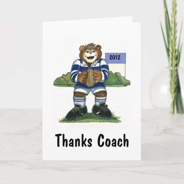 Carte de remerciements d'entraîneur, ours de rugby (Devant)