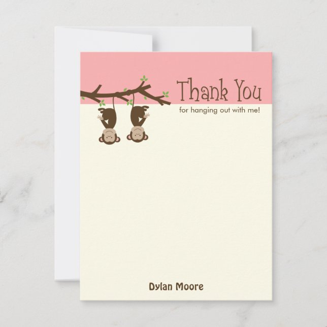 Carte de remerciements des singes à pendre - rose (Devant)