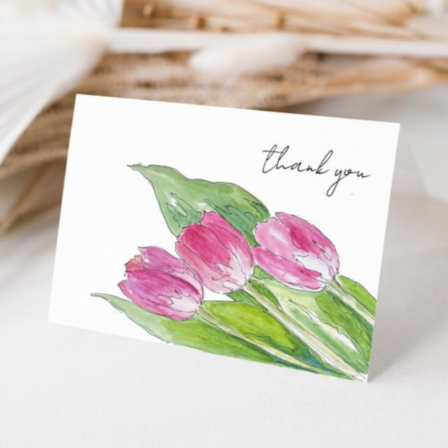 Carte De Remerciements Dessin à la main d'un tulipe rose de printemps (Créateur téléchargé)
