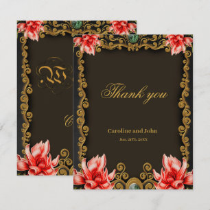 Carte De Remerciements Dessin floral or et rouge royal