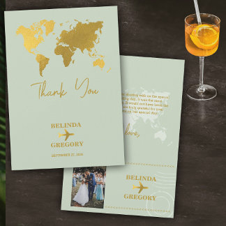 Carte De Remerciements Destination Mariage Monde Passport Sage Vert Or