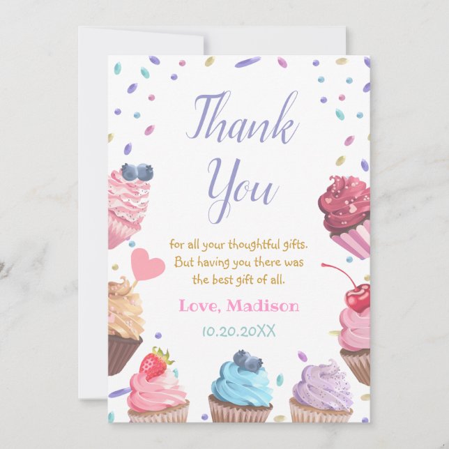 Carte De Remerciements Deux Cupcake sucré 2e fête de bonbons d'anniversai (Devant)