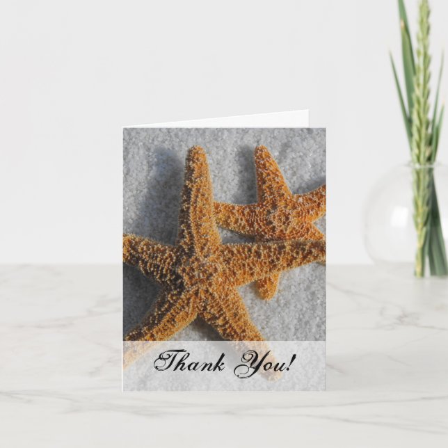 Carte De Remerciements Deux étoiles de mer dans le sable, Mariage plage (Devant)