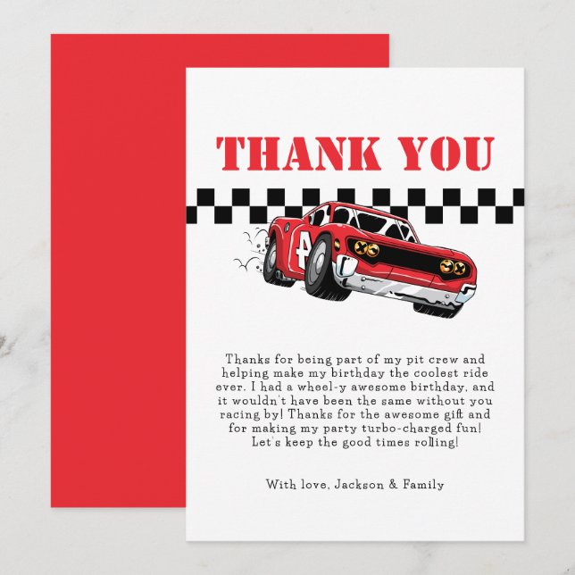 Carte De Remerciements Deux Garçon de Voiture de Course Rouge Moderne Rap (Devant / Derrière)