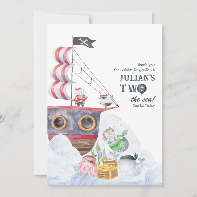 Carte De Remerciements Deux La Mer Pirate Navire Mermaid 2e fête d'annive (Devant)