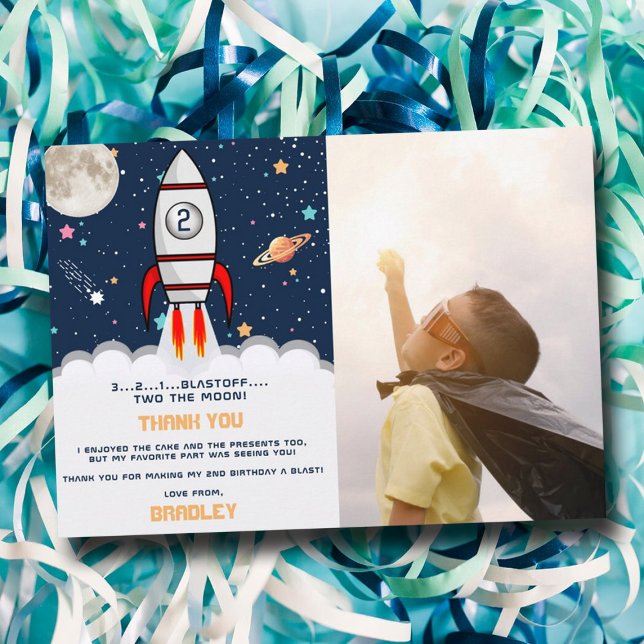 Carte De Remerciements Deux lune Rocket Ship 2e anniversaire Photo (Créateur téléchargé)
