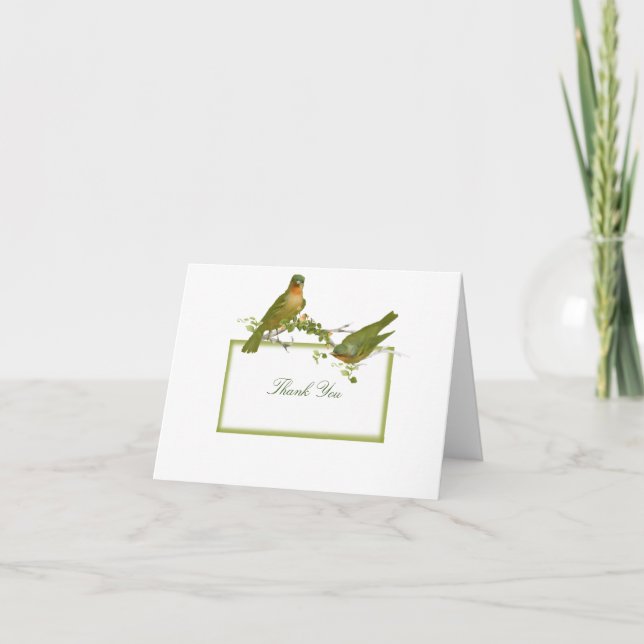Carte De Remerciements Deux oiseaux sur une branche de Bud Rose (Devant)
