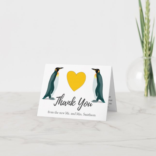 Carte De Remerciements Deux pingouins | Coeur jaune | Remerciements pour  (Devant)