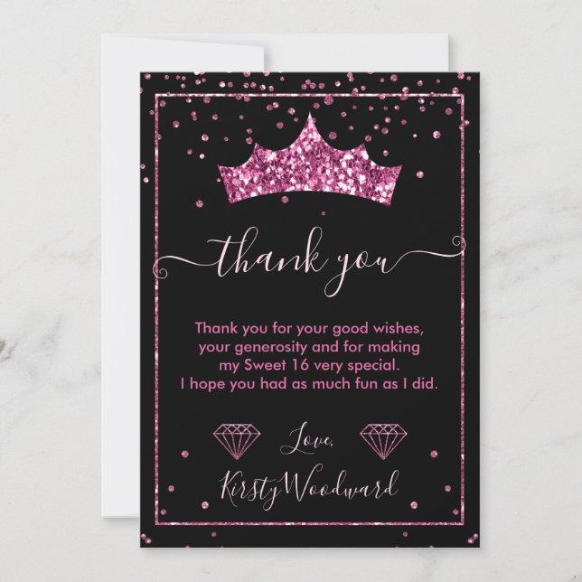 Carte De Remerciements Diamant rose Confetti Tiara Sweet 16 (Devant)