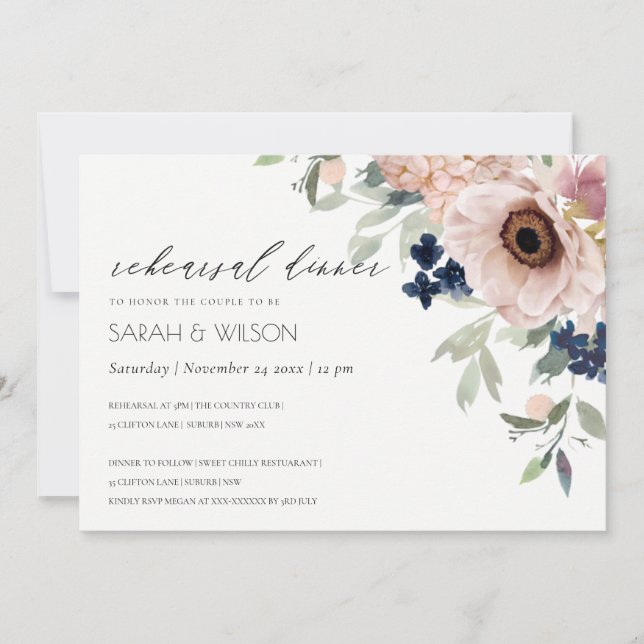 Carte De Remerciements Dîner de répétition Floral Anémonique Blush Navy I (Devant)