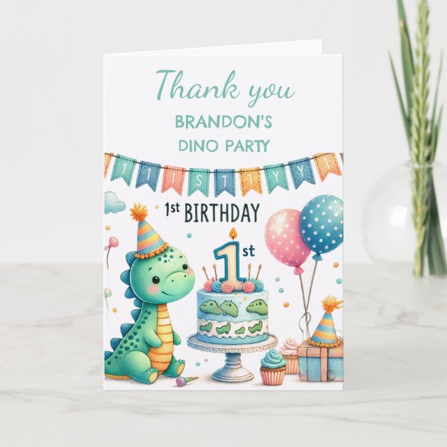 Carte De Remerciements Dinosaur 1er anniversaire fête Boy Dino Cute (Devant)